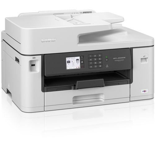 מדפסת הזרקת דיו משולבת A3 Brother MFC-J5340DW – מבט זוויתי משמאל, מגש יציאה פתוח וריק