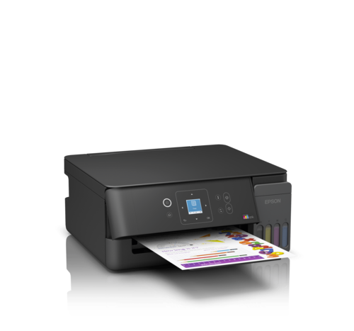 מדפסת הזרקת דיו משולבת Epson EcoTank L3360 - מבט צד שמאל עם הדפסה ביציאה