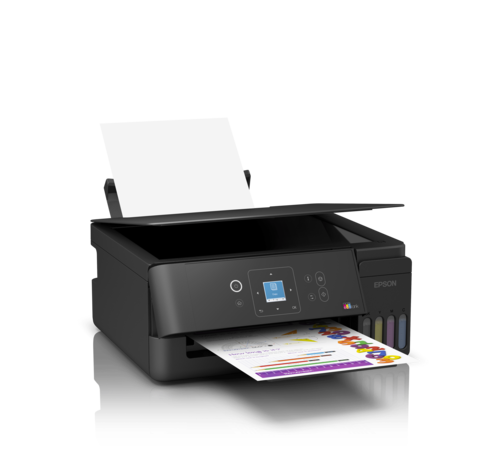 מדפסת הזרקת דיו משולבת Epson EcoTank L3360 - מבט צד עם מכסה סורק פתוח ונייר במזין