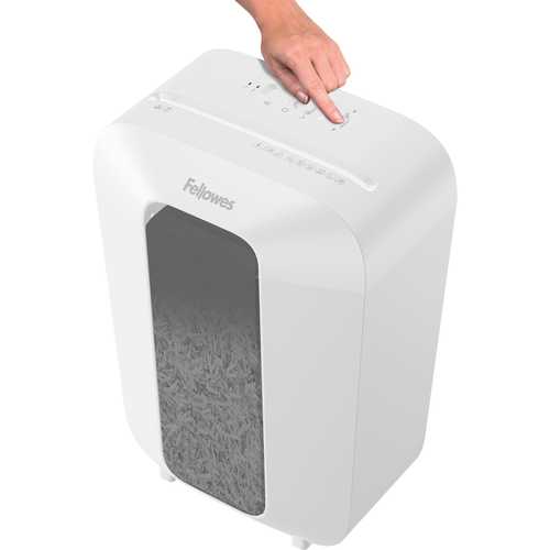 מגרסת נייר Fellowes Powershred LX70 לבנה – מבט זוויתי מלמעלה עם מתג נעילת הבטיחות