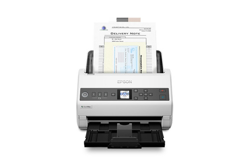 סורק רשת Epson WorkForce DS-730N – חזית עם מסמכי דוגמה במזין