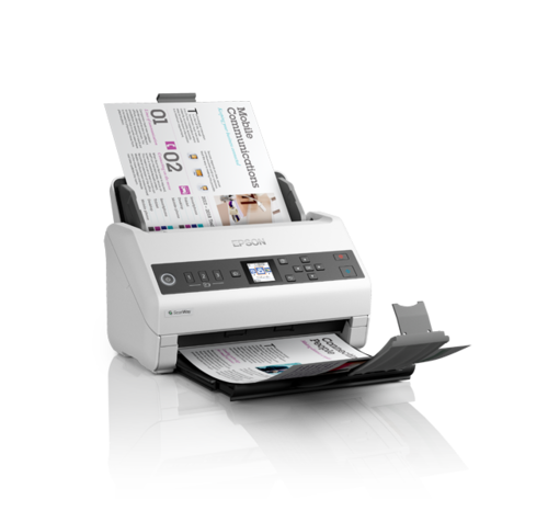 סורק רשת Epson WorkForce DS-730N – מבט אלכסוני עם נייר ומגש פלט פתוח