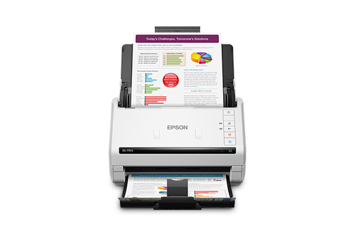 סורק מסמכים Epson WorkForce DS-770II – מבט חזית עם נייר במזין