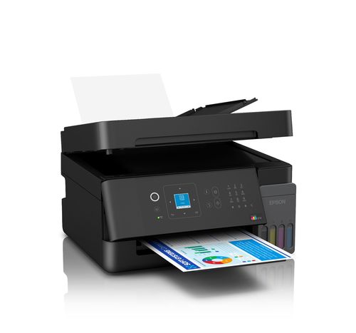 מדפסת הזרקת דיו משולבת Epson EcoTank L5390 – מבט בזווית עם מכסה סורק פתוח