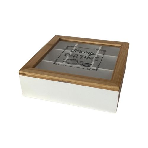 קופסת תה מעץ עם חלוקה ומכסה זכוכית – 20×20 ס״מ