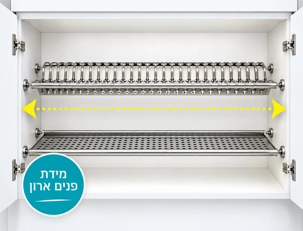 המחשת מדידת רוחב פנים הארון מדופן לדופן באמצעות חץ אופקי