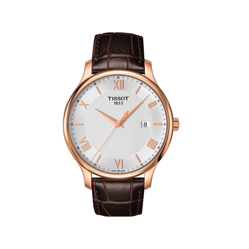 שעון TISSOT דגם T0636103603800 לגבר לוח כסוף רצועת עור בצבע חום