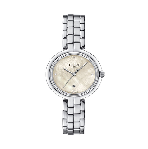 שעון TISSOT דגם T0942101111602 לאישה לוח אם הפנינה לבן רצועת פלדת אל-חלד בצבע אפור