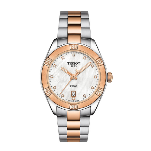 שעון TISSOT דגם T1019102211600 לאישה לוח אם הפנינה לבן רצועת פלדת אל חלד בצבע אפור ורוז גולד