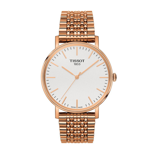 שעון TISSOT דגם T1094103303100 לגבר לוח לבן רצועת פלדת אל-חלד בצבע רוז גולד
