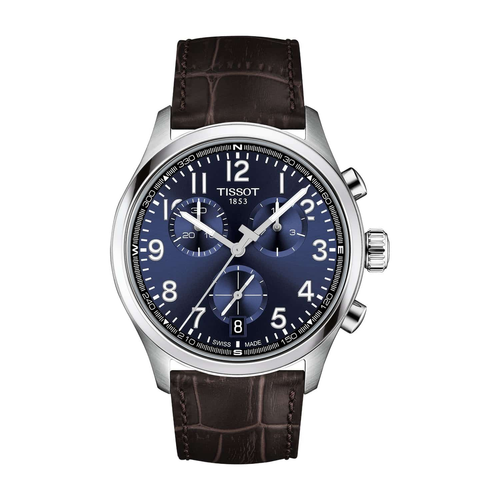 שעון TISSOT דגם T1164171604200 לגבר לוח כחול רצועת עור בצבע חום