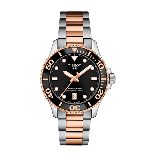 שעון TISSOT דגם T1202102205101 לאישה לוח שחור רצועת פלדת אל-חלד בצבע אפור ורוז גולד