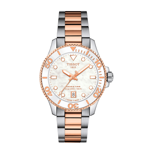 שעון TISSOT דגם T1202102211100 לאישה לוח אם הפנינה לבן רצועת פלדת אל-חלד בצבע אפור ורוז גולד