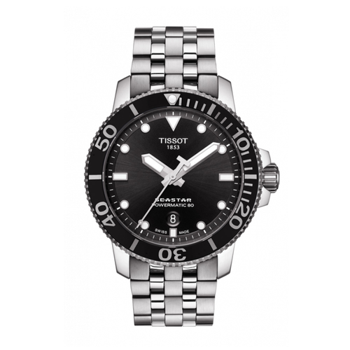 שעון TISSOT דגם T1204071105100 לגבר לוח שחור רצועת פלדת אל-חלד בצבע אפור