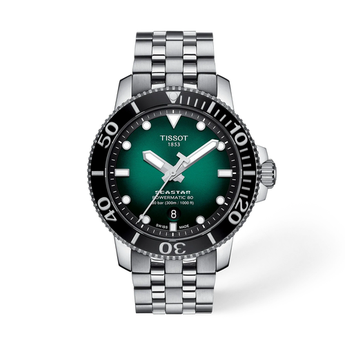 שעון TISSOT דגם T1204071109101 לגבר לוח ירוק מדורג רצועת פלדת אל-חלד בצבע אפור