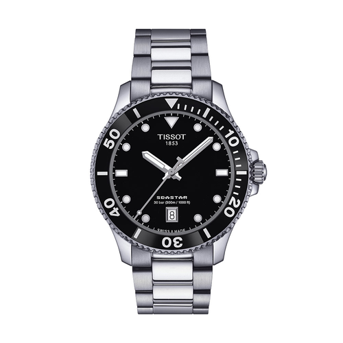 שעון TISSOT דגם T1204101105100 לגבר לוח שחור רצועת פלדת אל-חלד בצבע אפור