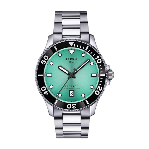 שעון TISSOT דגם T1204101109100 לגבר לוח טורקיז רצועת פלדת אל-חלד בצבע אפור