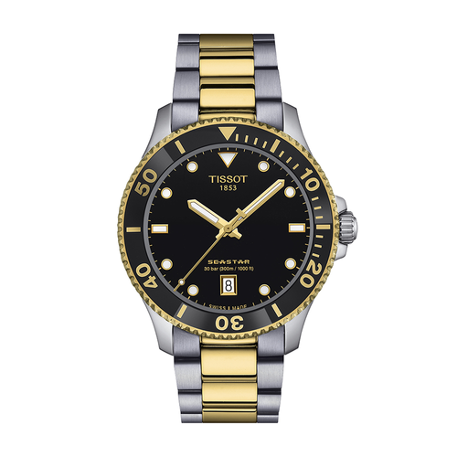 שעון TISSOT דגם T1204102205100 לגבר לוח שחור רצועת פלדת אל-חלד בצבע אפור וזהב