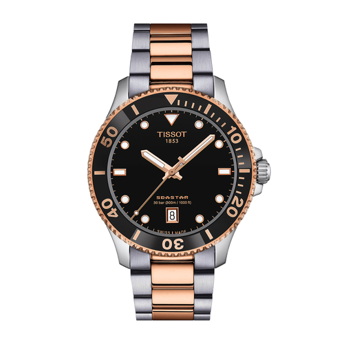 שעון TISSOT דגם T1204102205101 לגבר לוח שחור רצועת פלדת אל-חלד בצבע אפור ורוז גולד
