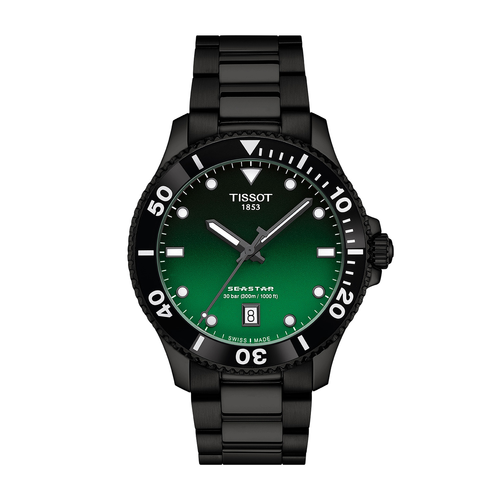 שעון TISSOT דגם T1204103309100 לגבר לוח ירוק מדורג רצועת פלדת אל-חלד בצבע שחור