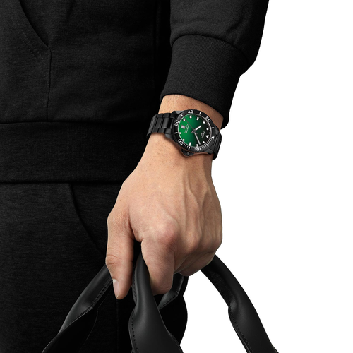 שעון TISSOT דגם T1204103309100 לגבר לוח ירוק מדורג רצועת פלדת אל-חלד בצבע שחור – תמונה 2