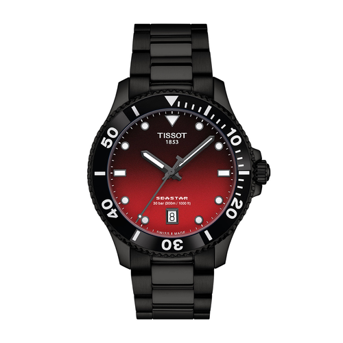 שעון TISSOT דגם T1204103342100 לגבר לוח אדום-שחור מדורג רצועת פלדת אל-חלד בצבע שחור