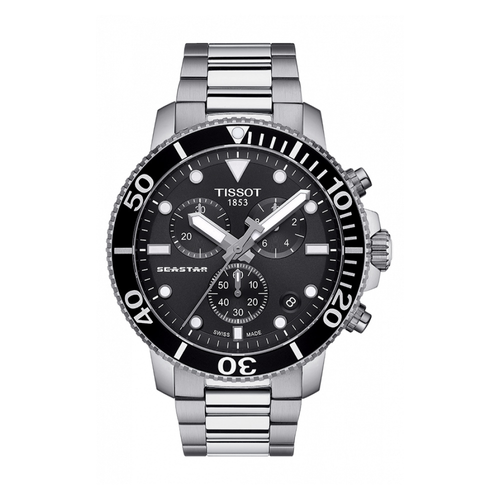 שעון TISSOT דגם T1204171105100 לגבר לוח שחור רצועת פלדת אל-חלד בצבע אפור