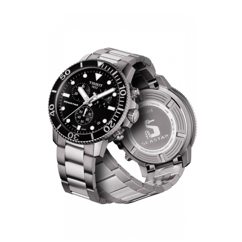 שעון TISSOT דגם T1204171105100 לגבר לוח שחור רצועת פלדת אל-חלד בצבע אפור – תמונה 2
