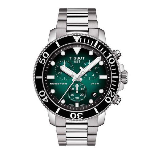 שעון TISSOT דגם T1204171109101 לגבר לוח ירוק מדורג רצועת פלדת אל-חלד בצבע אפור