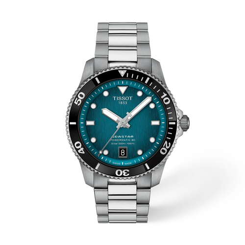 שעון TISSOT דגם T1208071109100 לגבר לוח ירוק רצועת פלדת אל-חלד בצבע אפור