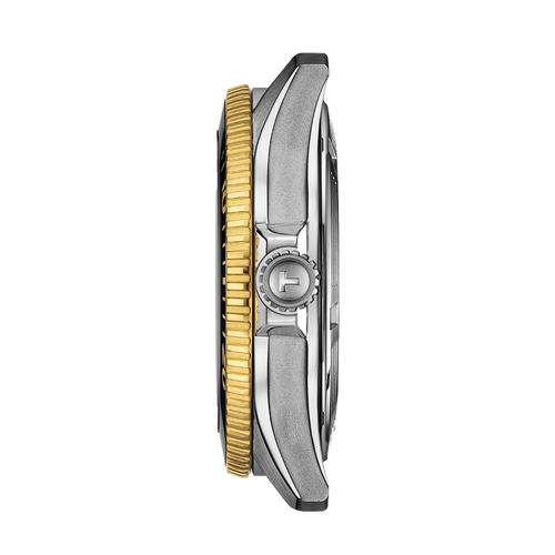 שעון TISSOT דגם T1208072205100 לגבר לוח שחור רצועת פלדת אל-חלד בצבע אפור וזהב – תמונה 3