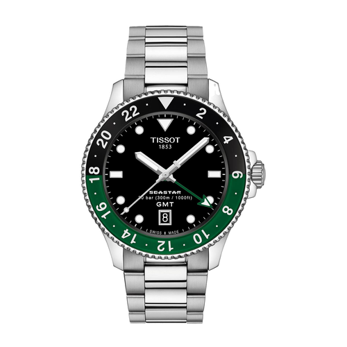 שעון TISSOT דגם T1208521105100 לגבר לוח שחור רצועת פלדת אל-חלד בצבע אפור