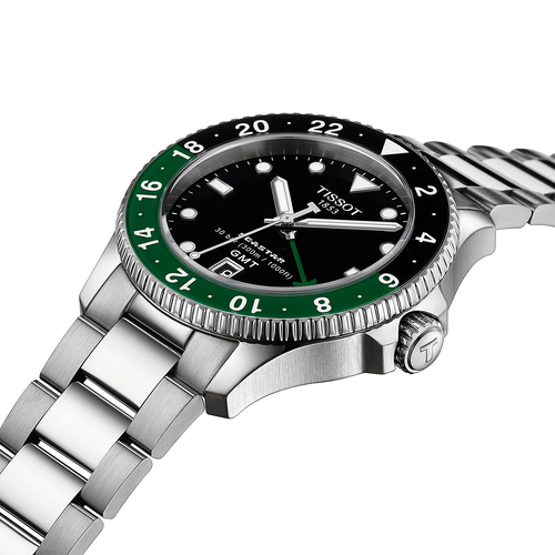 שעון TISSOT דגם T1208521105100 לגבר לוח שחור רצועת פלדת אל-חלד בצבע אפור – תמונה 2