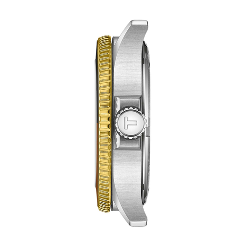שעון TISSOT דגם T1208522205100 לגבר לוח שחור רצועת פלדת אל-חלד בצבע כסף וזהב – תמונה 2