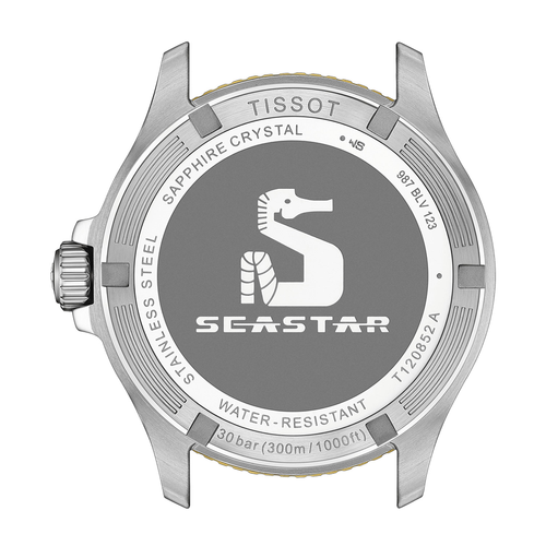 שעון TISSOT דגם T1208522205100 לגבר לוח שחור רצועת פלדת אל-חלד בצבע כסף וזהב – תמונה 3