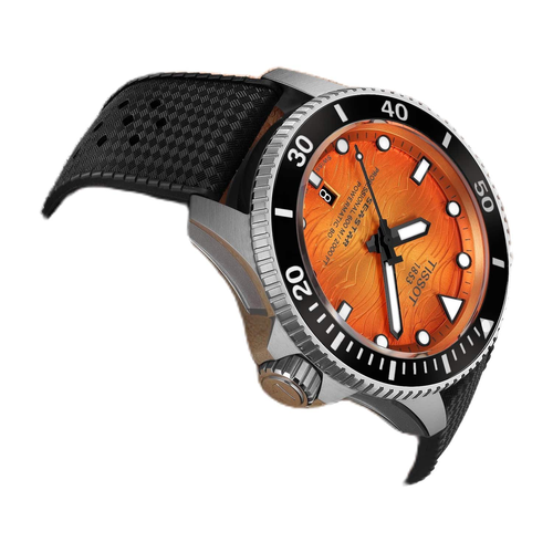 שעון TISSOT דגם T1209071728100 לגבר לוח כתום רצועת גומי בצבע שחור – תמונה 5