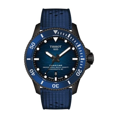 שעון TISSOT דגם T1209073704100 לגבר לוח כחול מדורג רצועת גומי בצבע כחול