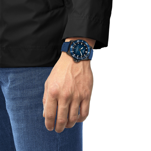 שעון TISSOT דגם T1209073704100 לגבר לוח כחול מדורג רצועת גומי בצבע כחול – תמונה 2