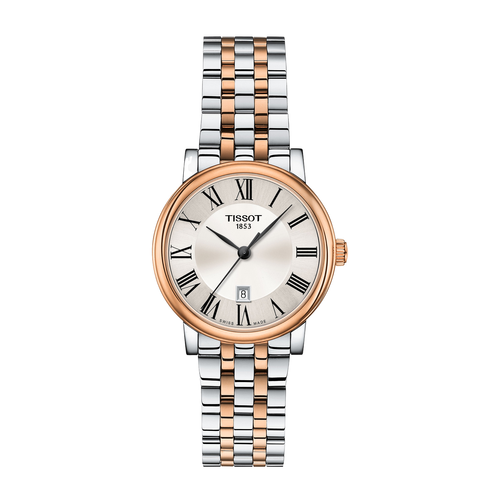 שעון TISSOT דגם T1222102203301 לאישה לוח כסוף רצועת פלדת אל-חלד בצבע אפור ורוז גולד