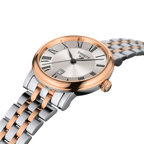 שעון TISSOT דגם T1222102203301 לאישה לוח כסוף רצועת פלדת אל-חלד בצבע אפור ורוז גולד – תמונה 2