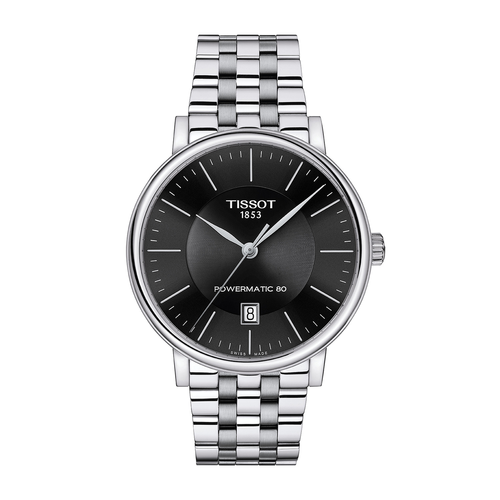 שעון TISSOT דגם T1224071105100 לגבר לוח שחור רצועת פלדת אל-חלד בצבע כסף