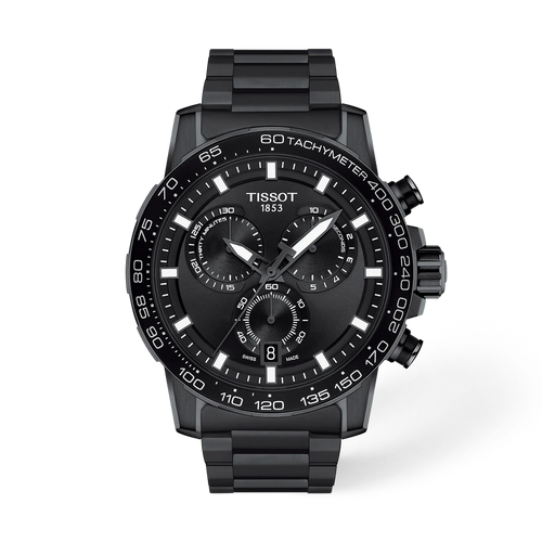 שעון TISSOT דגם T1256173305100 לגבר לוח שחור רצועת פלדת אל-חלד בצבע שחור