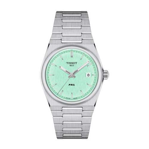 שעון TISSOT דגם T1372101109100 לאישה לוח ירוק בהיר רצועת פלדת אל-חלד בצבע אפור