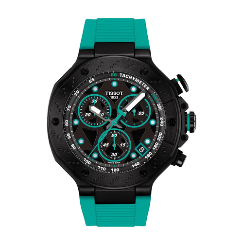 שעון TISSOT דגם T1414173705101 לגבר לוח שחור רצועת סיליקון בצבע טורקיז
