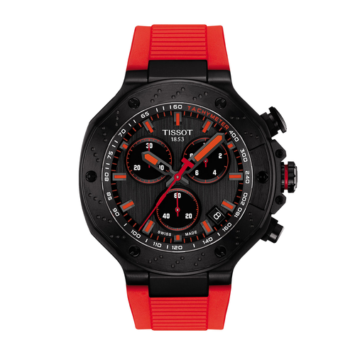 שעון TISSOT דגם T1414173706101 לגבר לוח שחור רצועת גומי בצבע ירוק זית