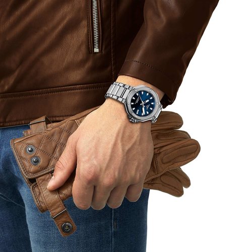 שעון TISSOT דגם T1418071104100 לגבר לוח כחול רצועת פלדת אל-חלד בצבע אפור – תמונה 2