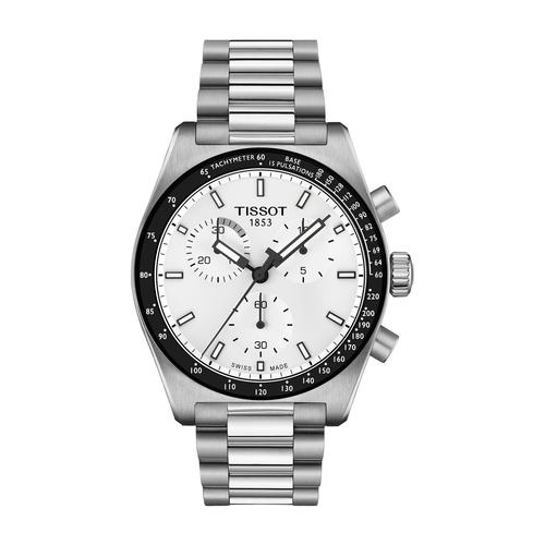 שעון TISSOT דגם T1494171101100 לגבר לוח לבן רצועת פלדת אל-חלד בצבע אפור