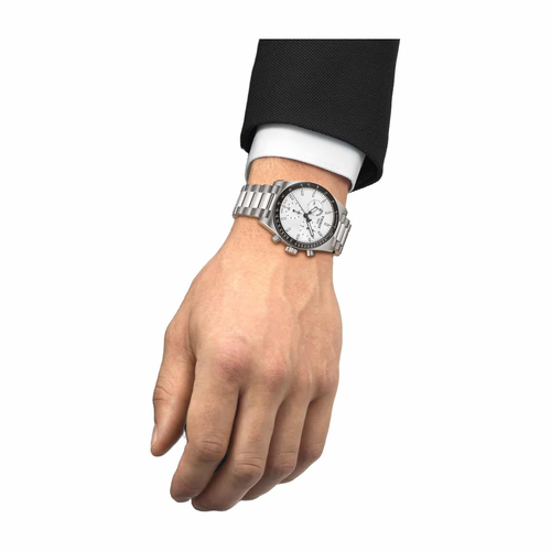 שעון TISSOT דגם T1494171101100 לגבר לוח לבן רצועת פלדת אל-חלד בצבע אפור – תמונה 2