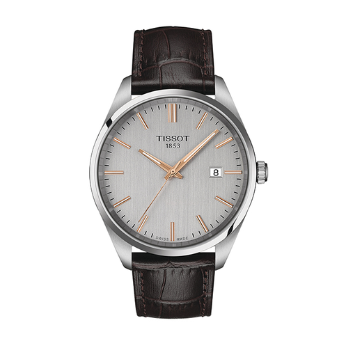 שעון TISSOT דגם T1504101603100 לגבר לוח אפור מדורג רצועת עור בצבע חום כהה