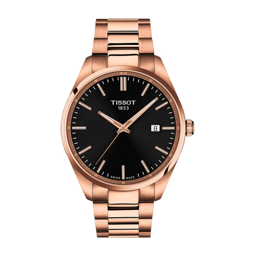 שעון TISSOT דגם T1504103305100 לגבר לוח שחור רצועת פלדת אל-חלד בצבע רוז גולד
